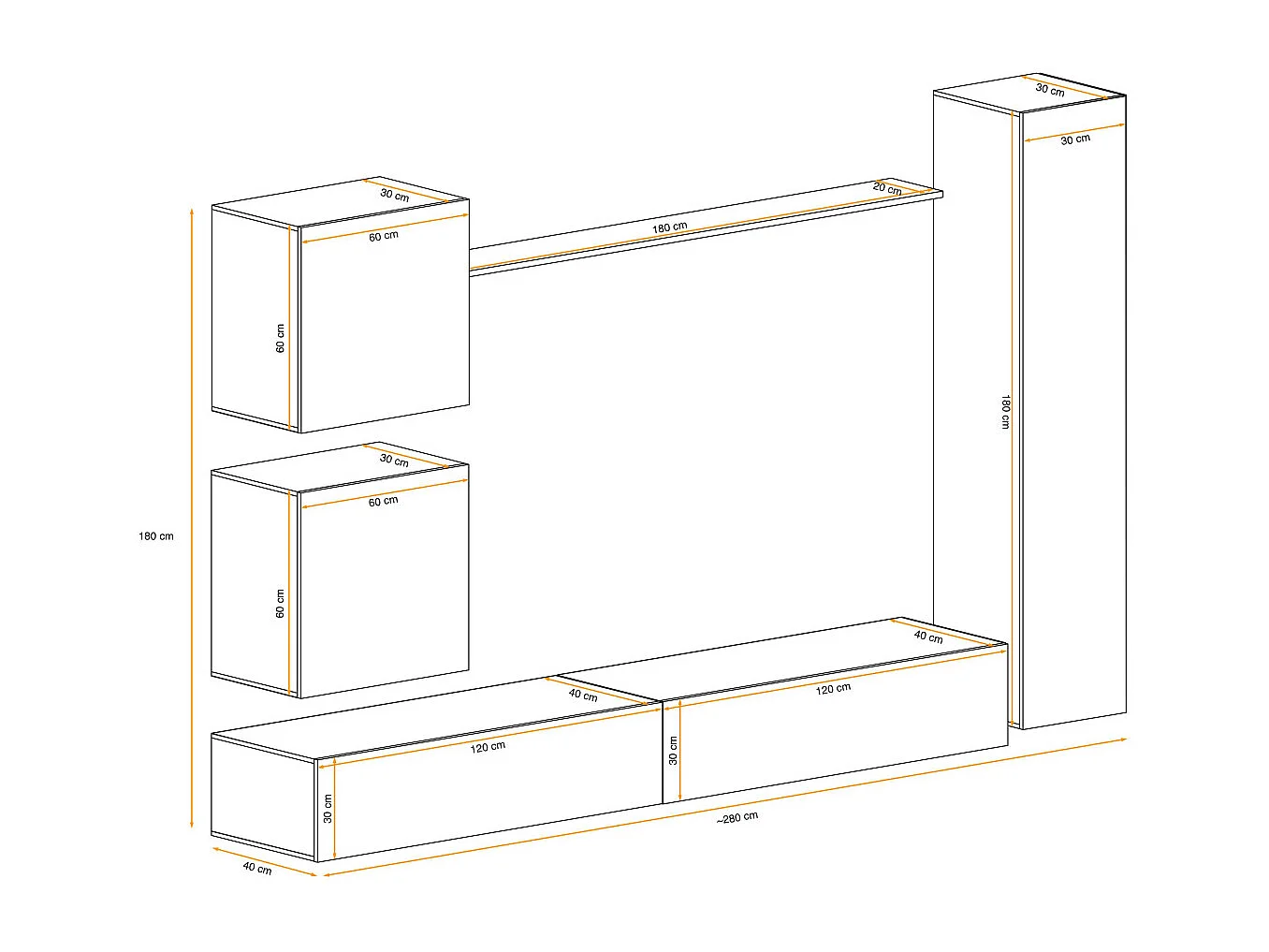 Meuble TV Mural Design "Switch VIII" 280cm Noir & Blanc
