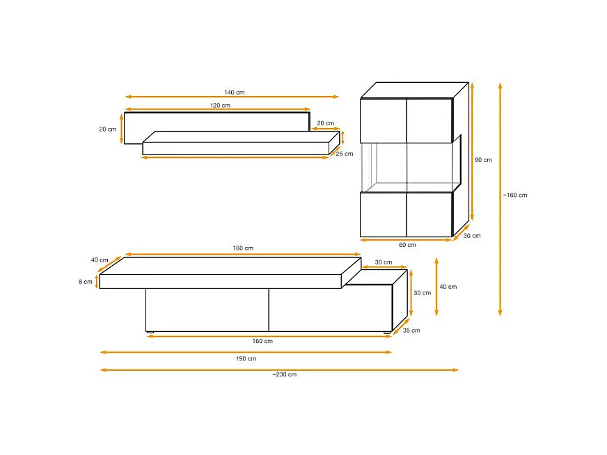 Ensemble Meuble TV "Concret" 230cm Naturel & Gris