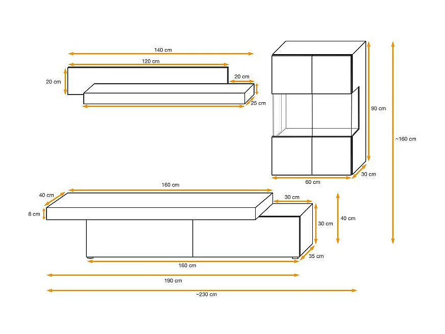 Ensemble Meuble TV "Concret" 230cm Naturel & Gris