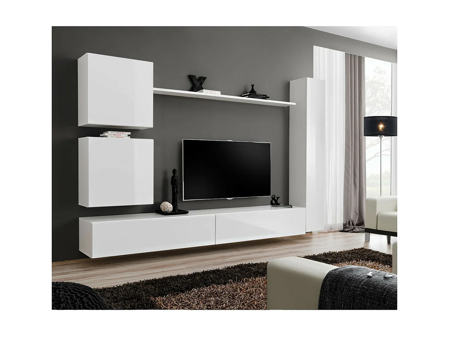 Meuble TV Mural Design "Switch VIII" 280cm Blanc