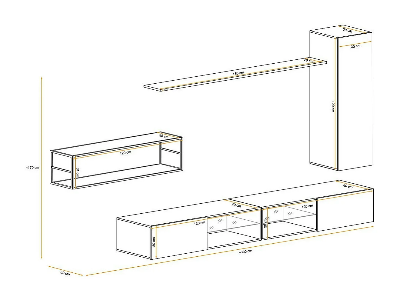 Ensemble Meuble TV Design "Switch IV" 300cm Naturel & Noir