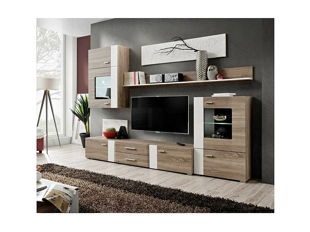 Meuble TV Mural Design "Aleppo" 240cm Chêne & Blanc