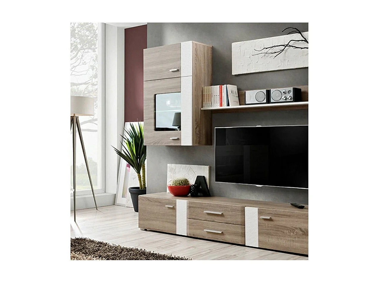 Meuble TV Mural Design "Aleppo" 240cm Chêne & Blanc