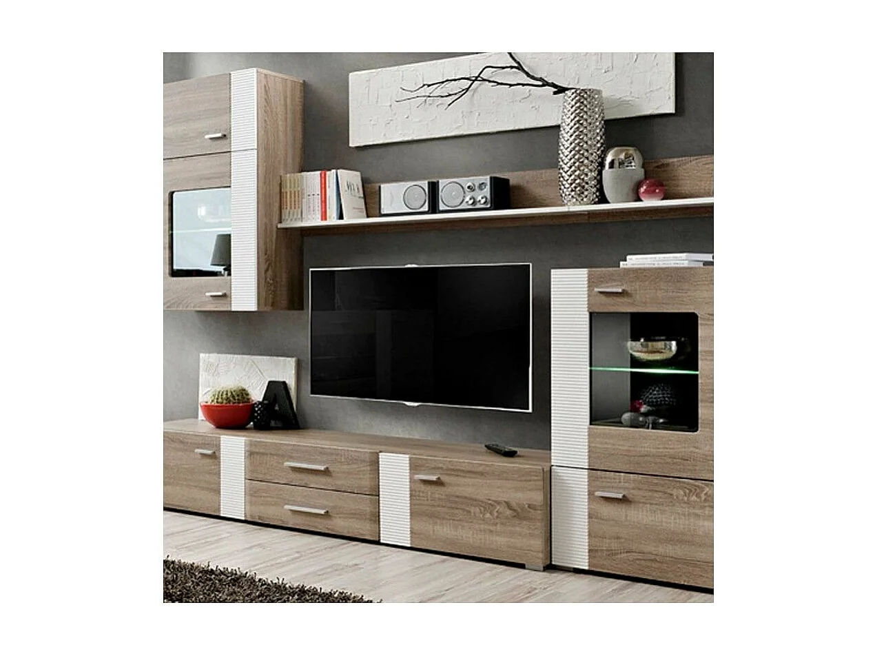 Meuble TV Mural Design "Aleppo" 240cm Chêne & Blanc