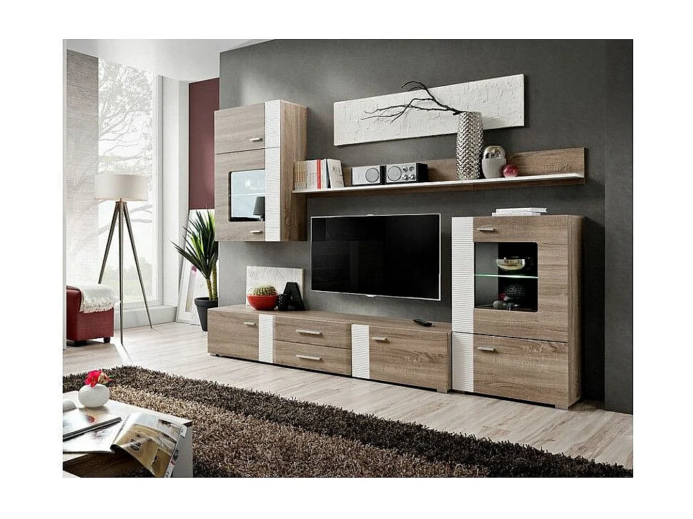 Meuble TV Mural Design "Aleppo" 240cm Chêne & Blanc