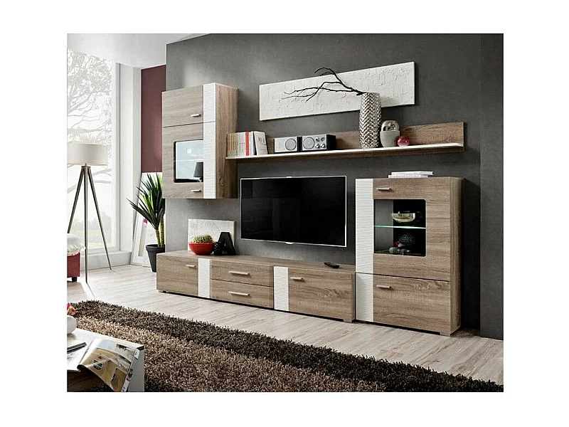 Meuble TV Mural Design "Aleppo" 240cm Chêne & Blanc