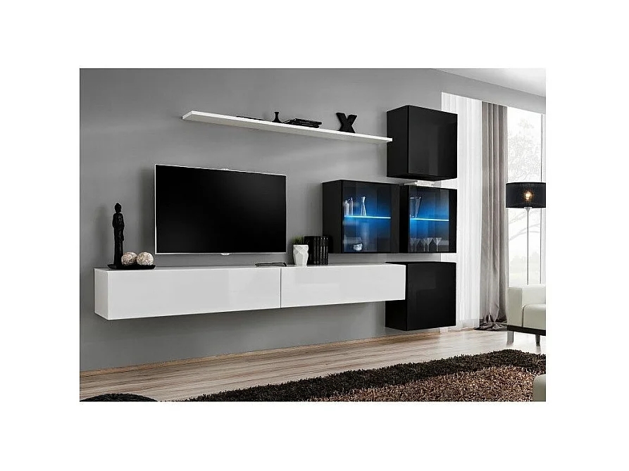 Meuble TV Mural Design "Switch XIX" 310cm Blanc & Noir