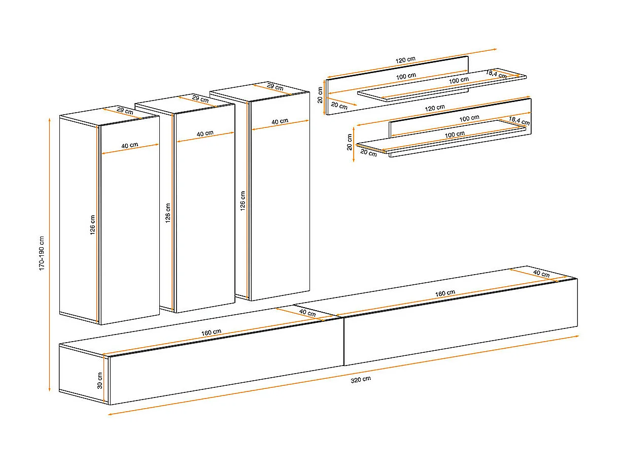 Meuble TV Mural Design "Fly I" 320cm Noir