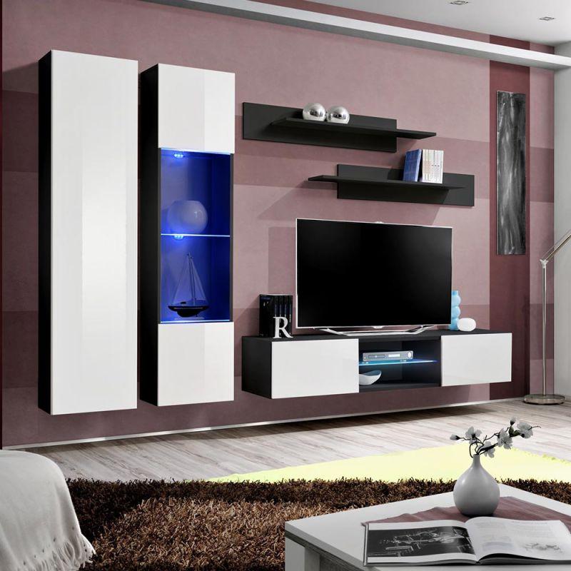 Meuble TV Mural Design Fly XXII 260cm Blanc Noir