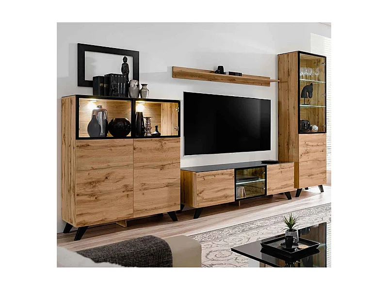 Ensemble Meuble TV & Bibliothèque "Thin" 330cm Noir & Naturel