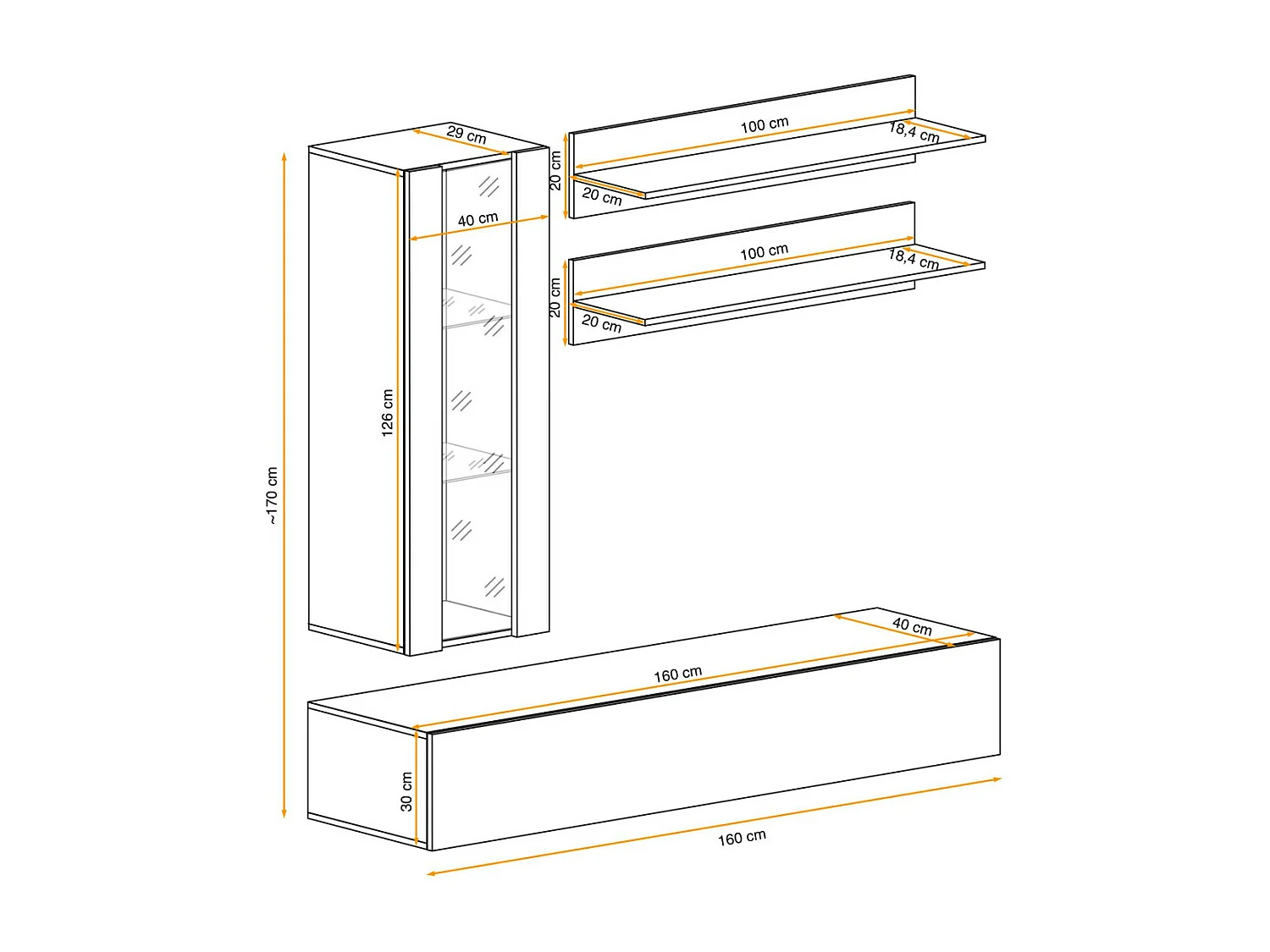 Meuble TV Mural Design "Fly II" 170cm Noir