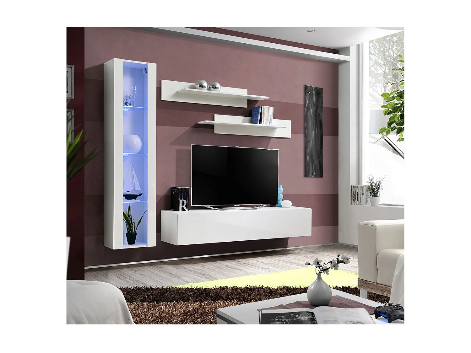 Meuble TV Mural Design "Fly II" 210cm Blanc