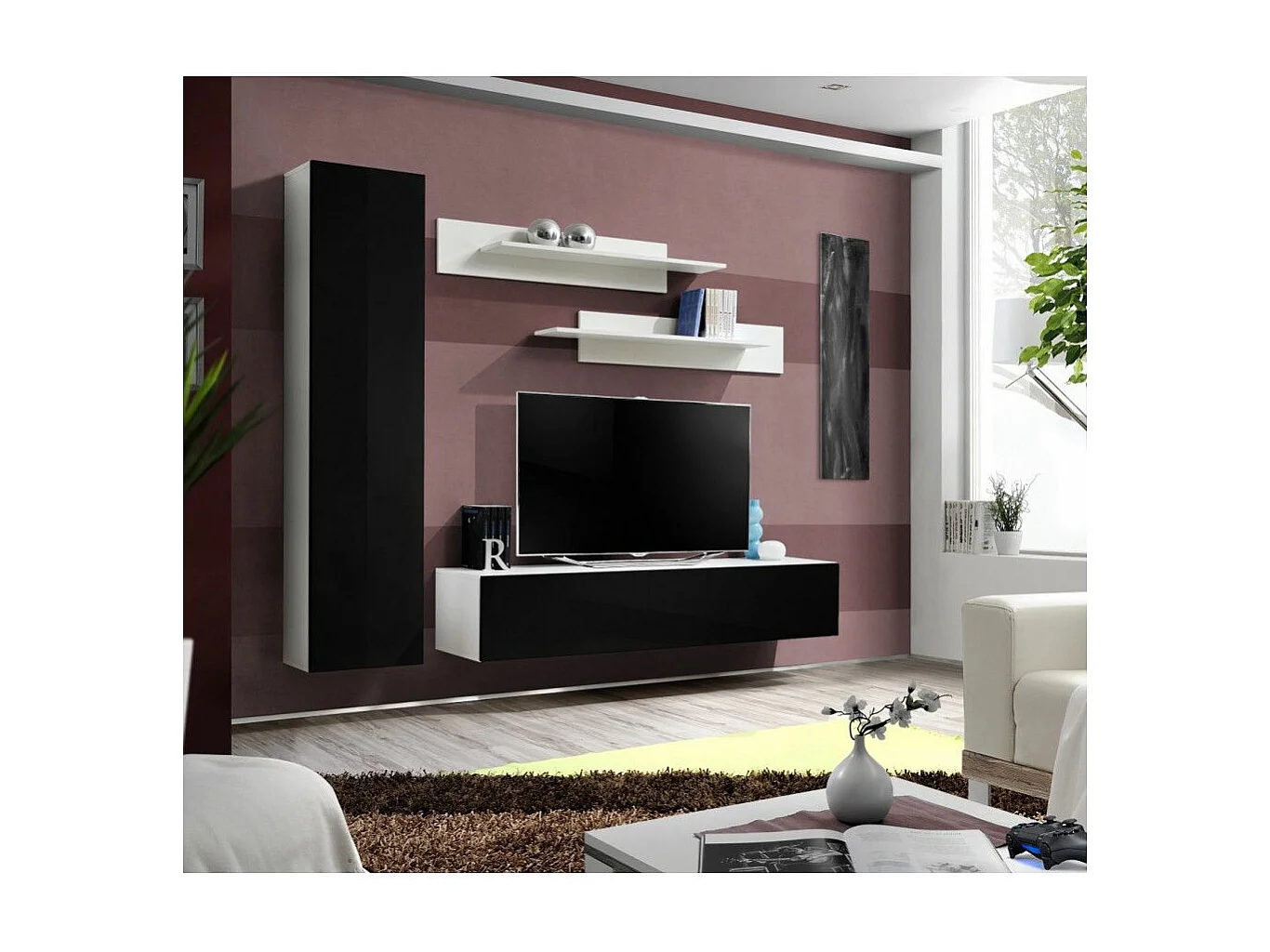 Meuble TV Mural Design "Fly I" 210cm Noir & Blanc