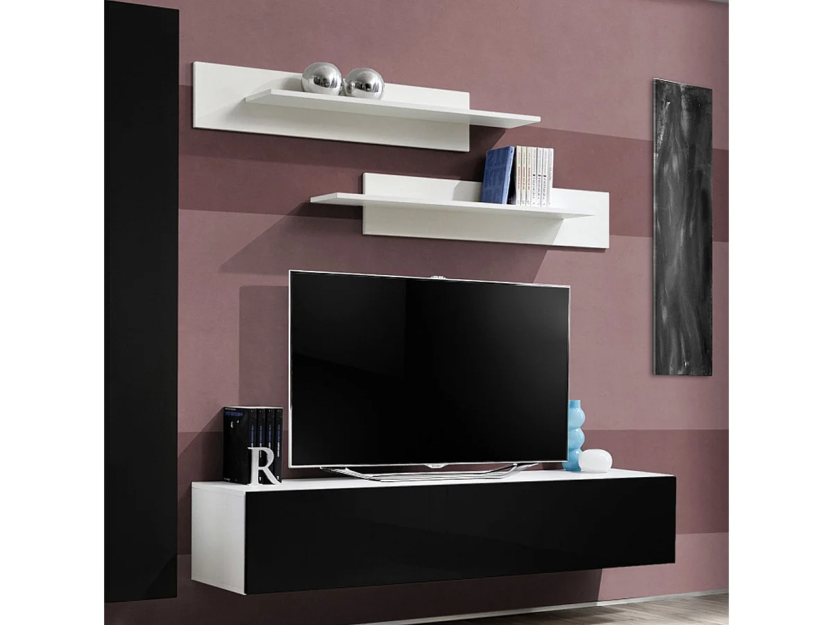 Meuble TV Mural Design "Fly I" 210cm Noir & Blanc