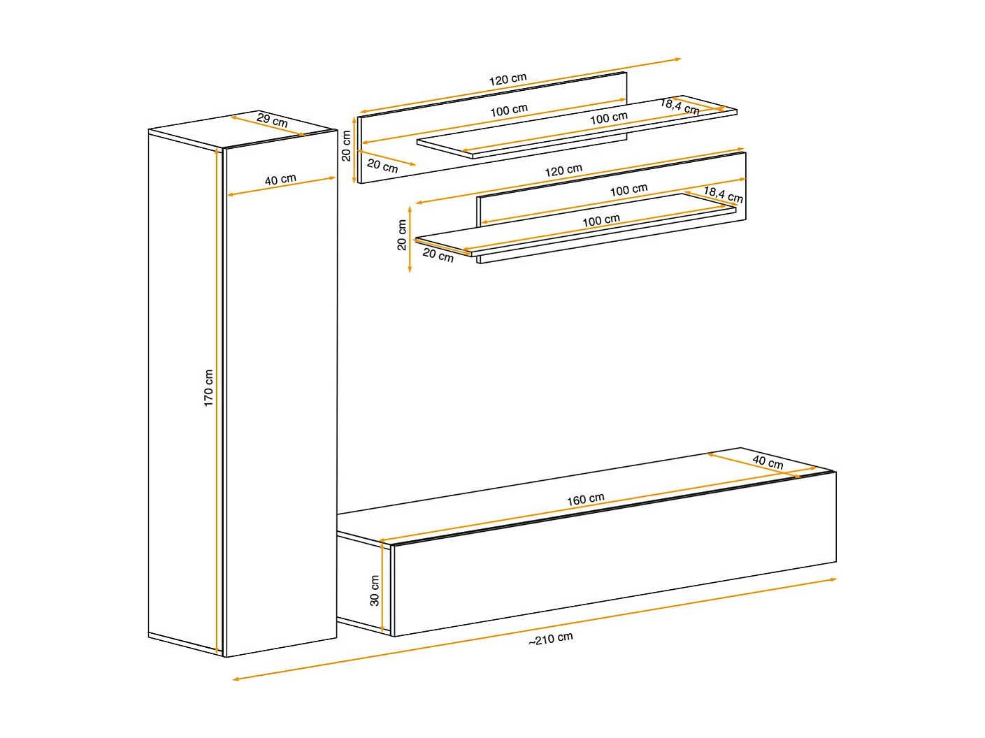 Meuble TV Mural Design "Fly I" 210cm Noir & Blanc