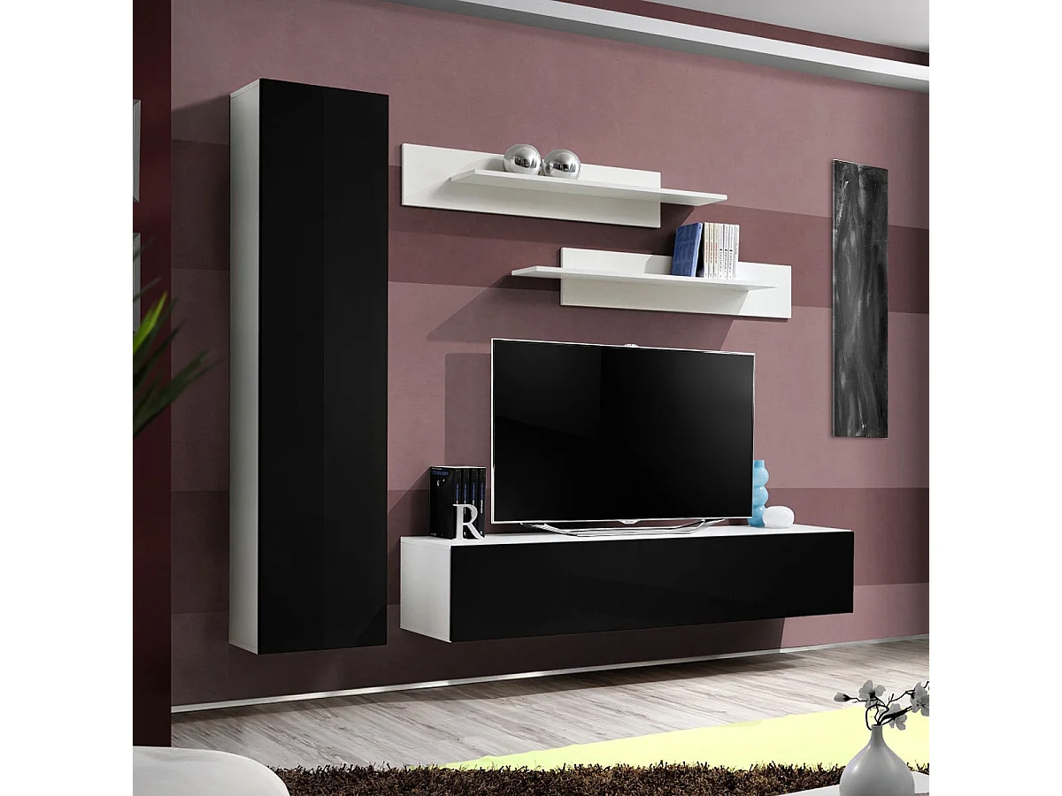 Meuble TV Mural Design "Fly I" 210cm Noir & Blanc