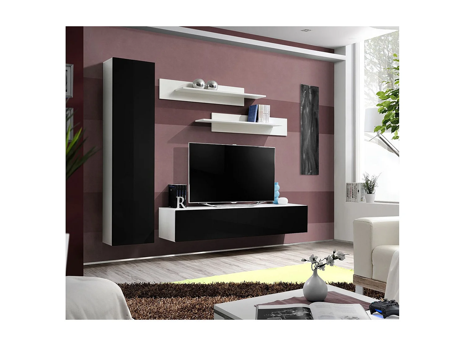 Meuble TV Mural Design "Fly I" 210cm Noir & Blanc