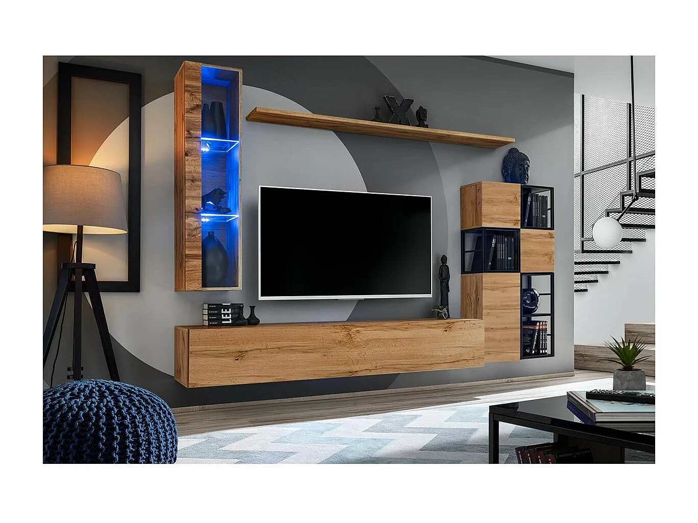 Ensemble Meuble TV Design "Switch II" 250cm Naturel & Noir