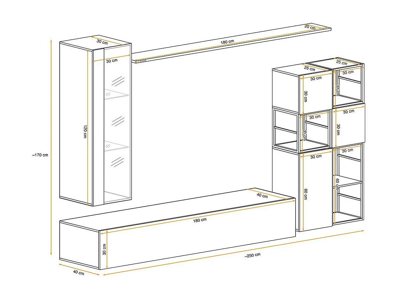 Ensemble Meuble TV Design "Switch II" 250cm Naturel & Noir
