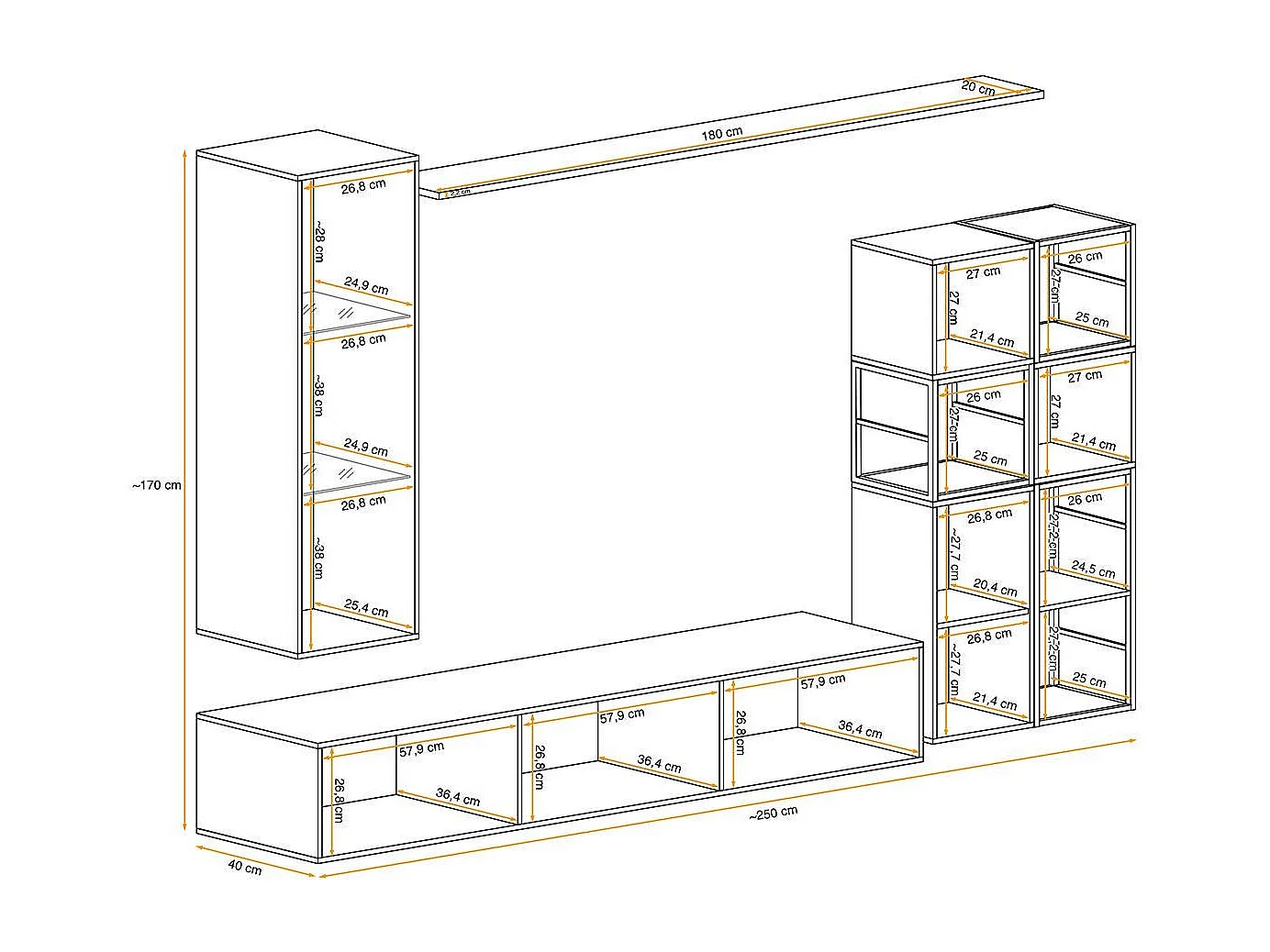 Ensemble Meuble TV Design "Switch II" 250cm Naturel & Noir