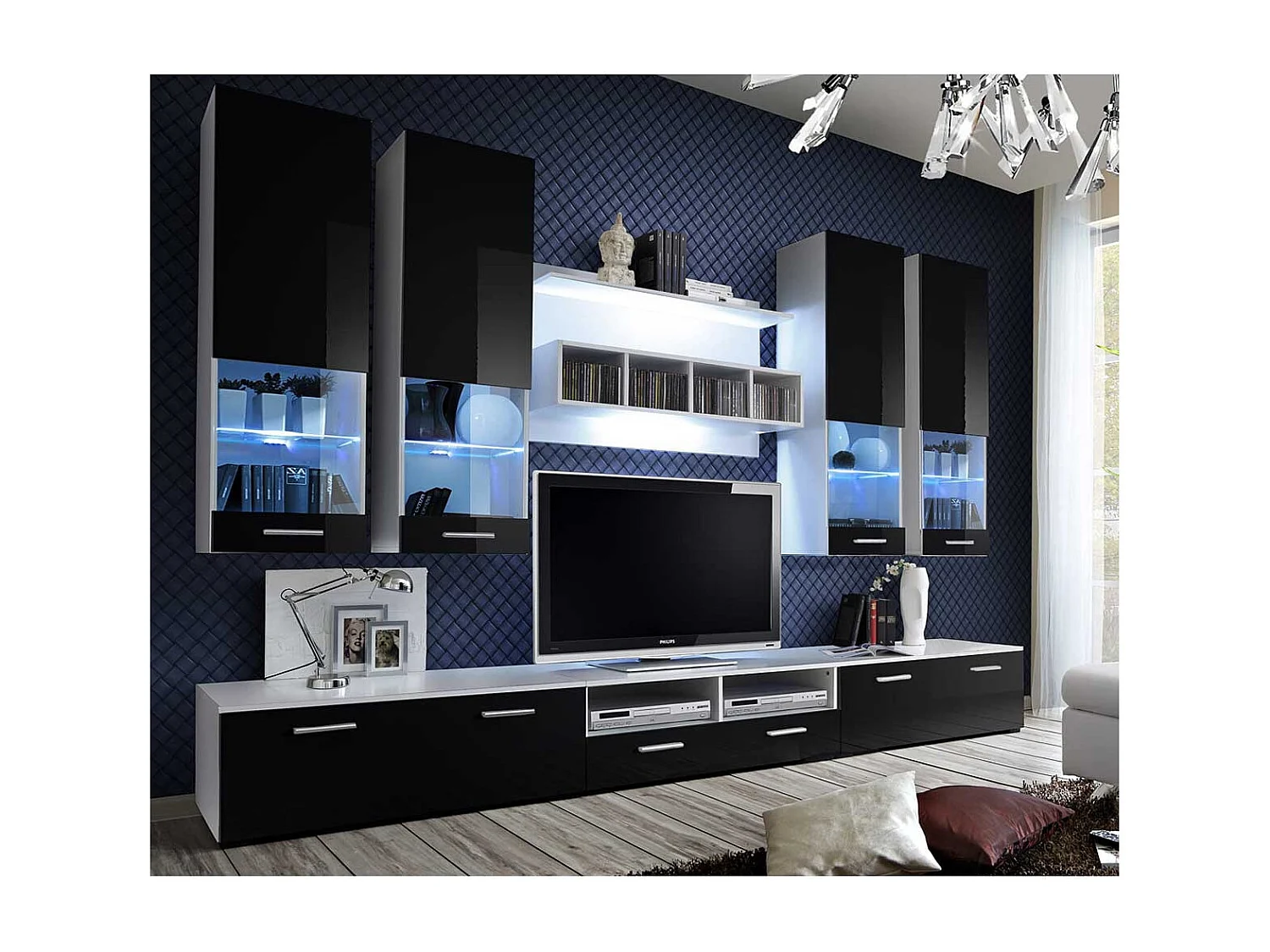 Meuble TV Mural Design "Dorade" 300cm Noir & Blanc