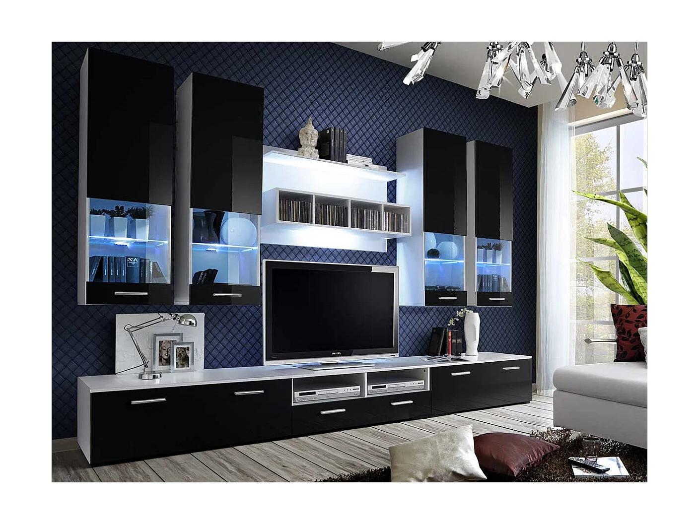 Meuble TV Mural Design "Dorade" 300cm Noir & Blanc