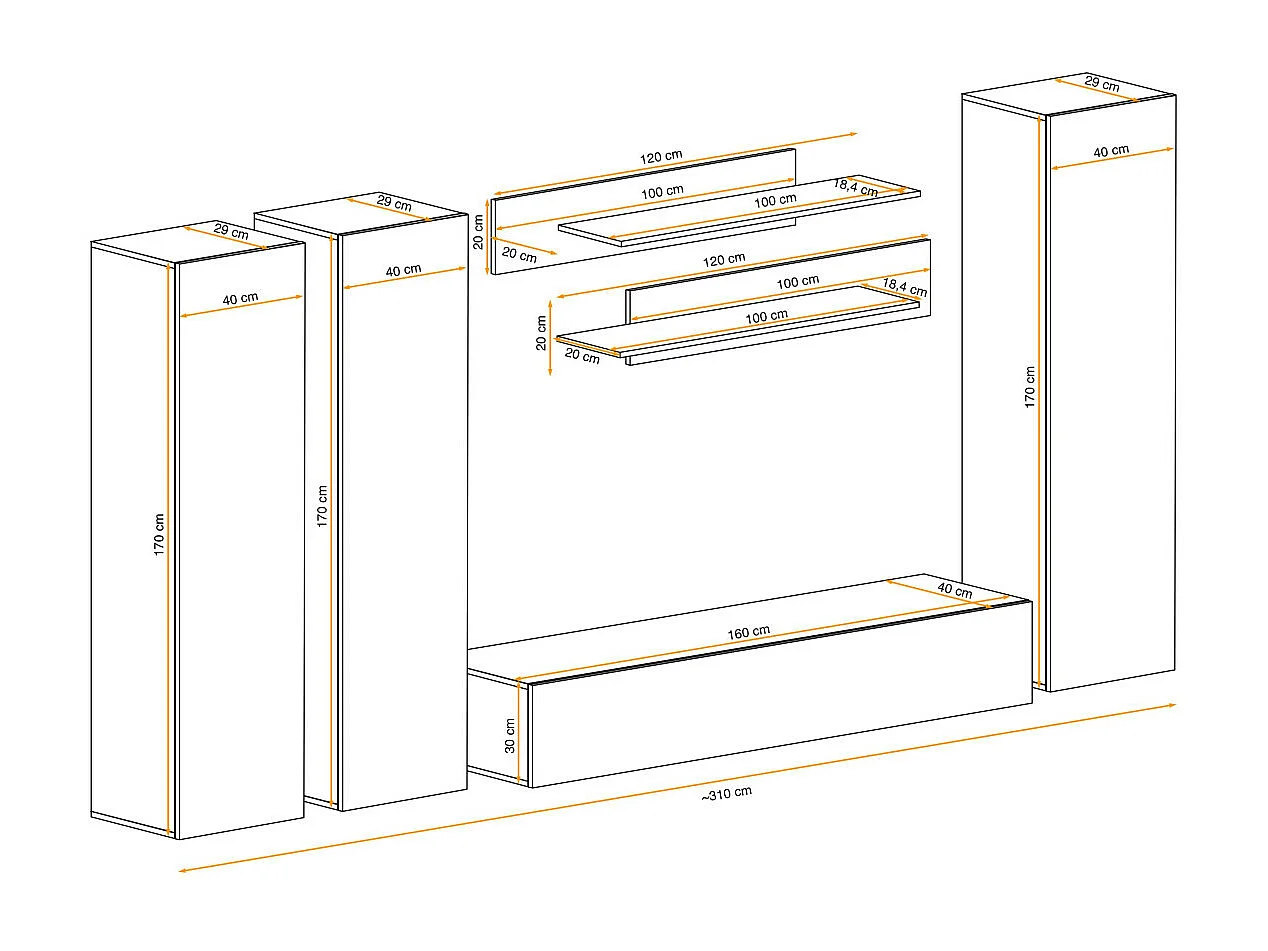 Meuble TV Mural Design "Fly I" 310cm Noir