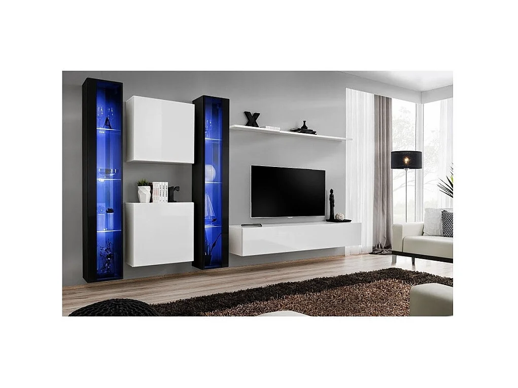Meuble TV Mural Design "Switch XVI" 330cm Blanc & Noir