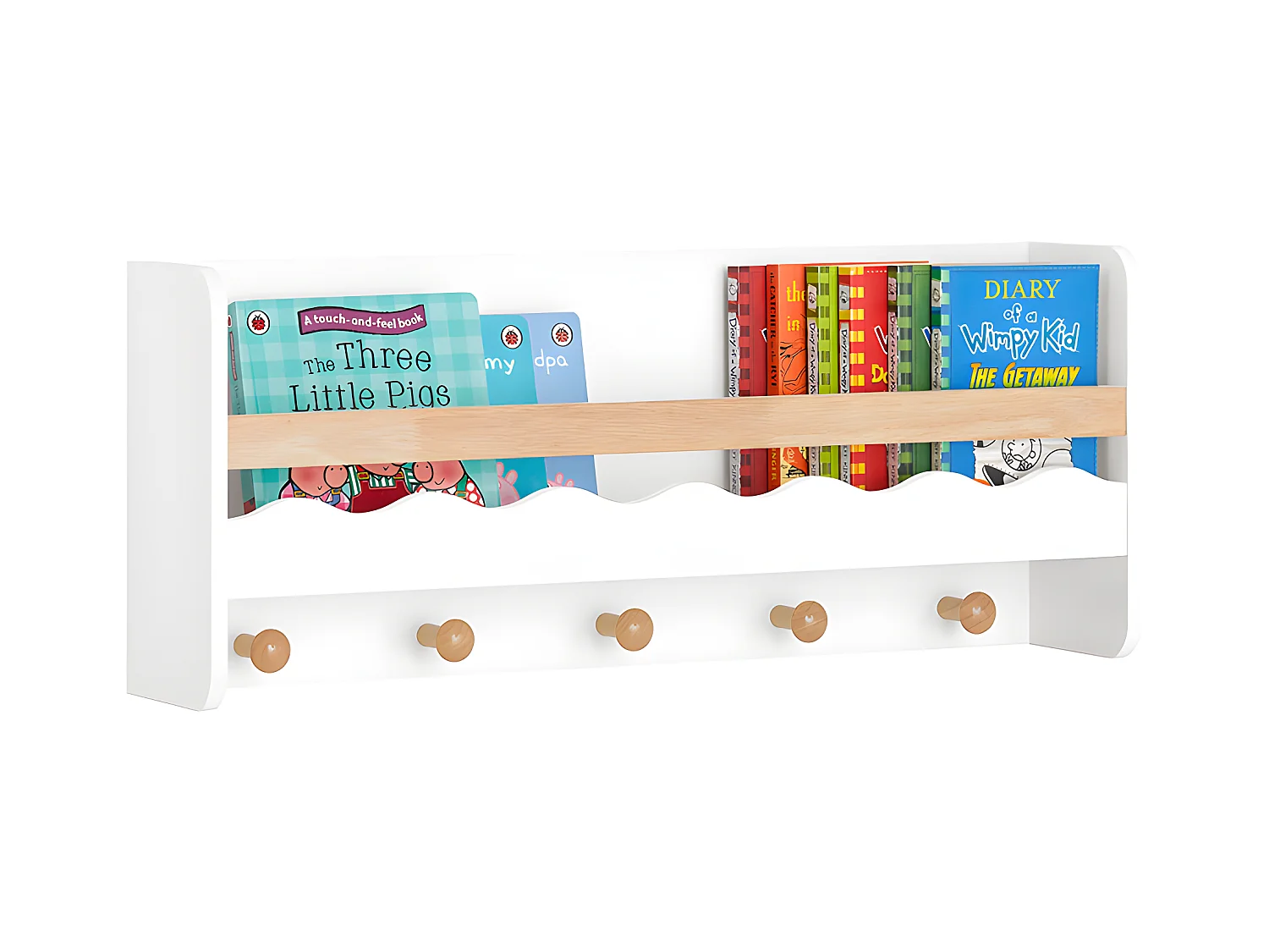 SoBuy KMB78-W Étagère Murale, Étagère de Rangement Suspendue, Porte-manteau pour Enfants, Étagère à Livres, Bibliothèque avec 1 Étagère et 5 Crochets