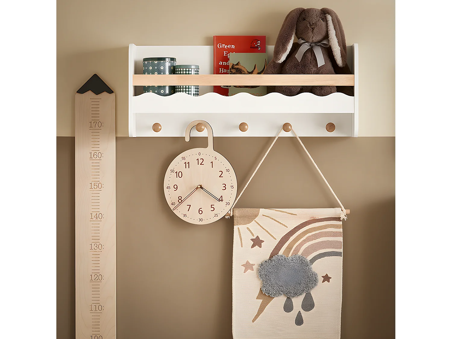 SoBuy KMB78-W Étagère Murale, Étagère de Rangement Suspendue, Porte-manteau pour Enfants, Étagère à Livres, Bibliothèque avec 1 Étagère et 5 Crochets