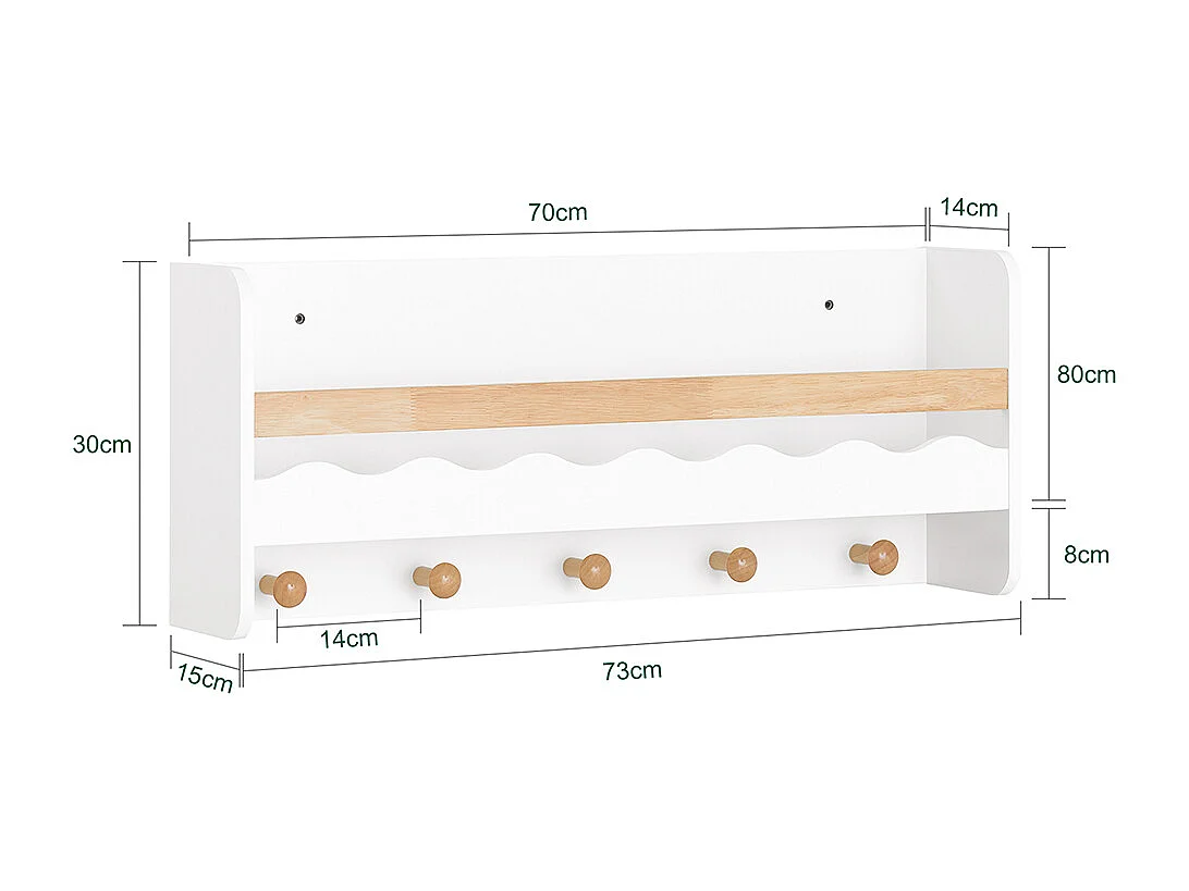 Librería Infantil de Pared Estantería para niños con 1 Estante y 5 Ganchos 73 x 15 x 30 cm KMB78-W SoBuy ES