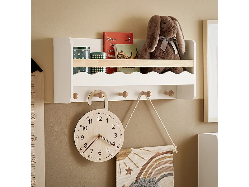 SoBuy KMB78-W Étagère Murale, Étagère de Rangement Suspendue, Porte-manteau pour Enfants, Étagère à Livres, Bibliothèque avec 1 Étagère et 5 Crochets