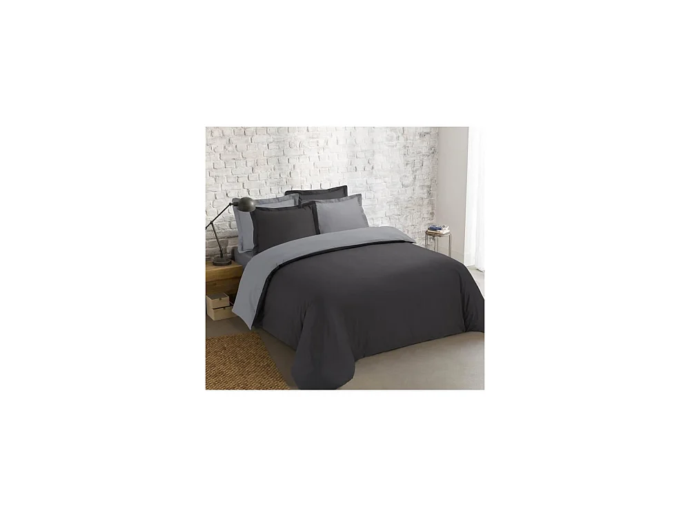 VISION Parure de couette bicolore 100% coton - 1 housse de couette 240 x 260 cm + 2 taies 65 x 65 cm - Gris / Anthracite