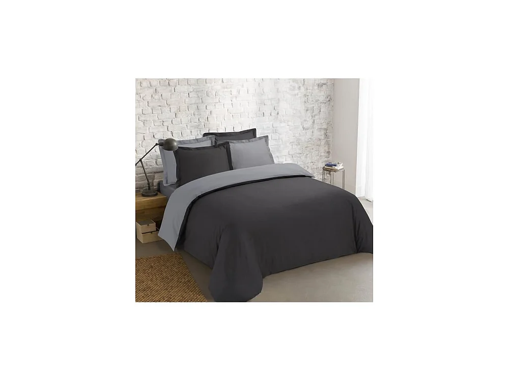 VISION Parure de couette bicolore 100% coton - 1 housse de couette 240 x 260 cm + 2 taies 65 x 65 cm - Gris / Anthracite