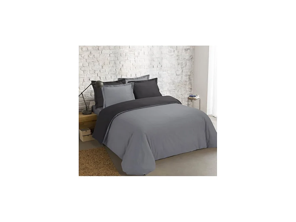 VISION Parure de couette bicolore 100% coton - 1 housse de couette 240 x 260 cm + 2 taies 65 x 65 cm - Gris / Anthracite