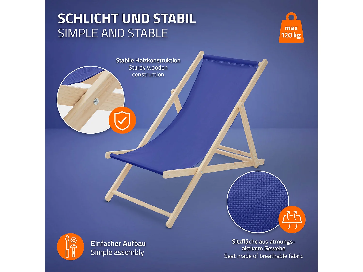 Set 2x Chaise longue de jardin pliable bleue en bois chiliennes 3 positions de couchage  jusqu'à 120 kg usage intérieur et extérieur balcon terrasse