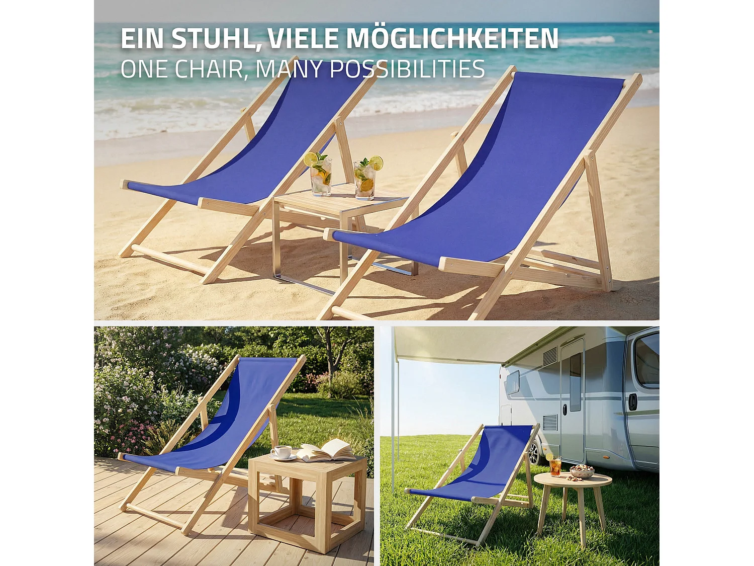 Set 2x Chaise longue de jardin pliable bleue en bois chiliennes 3 positions de couchage  jusqu'à 120 kg usage intérieur et extérieur balcon terrasse