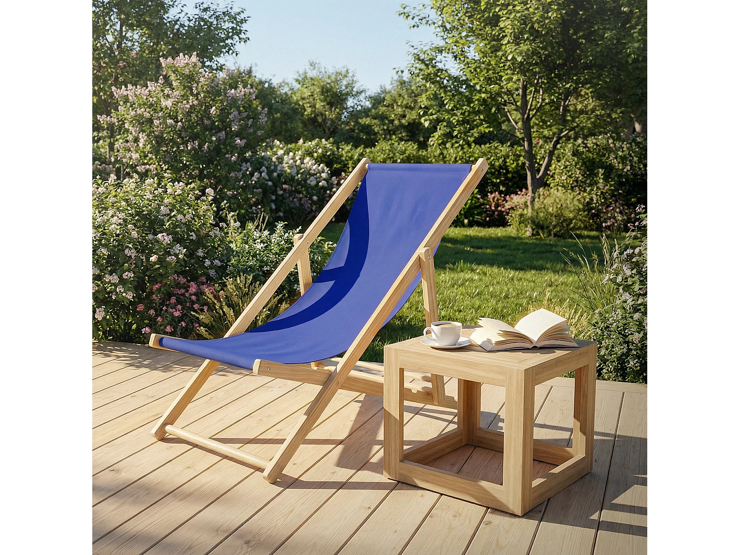 Set 2x Chaise longue de jardin pliable bleue en bois chiliennes 3 positions de couchage  jusqu'à 120 kg usage intérieur et extérieur balcon terrasse