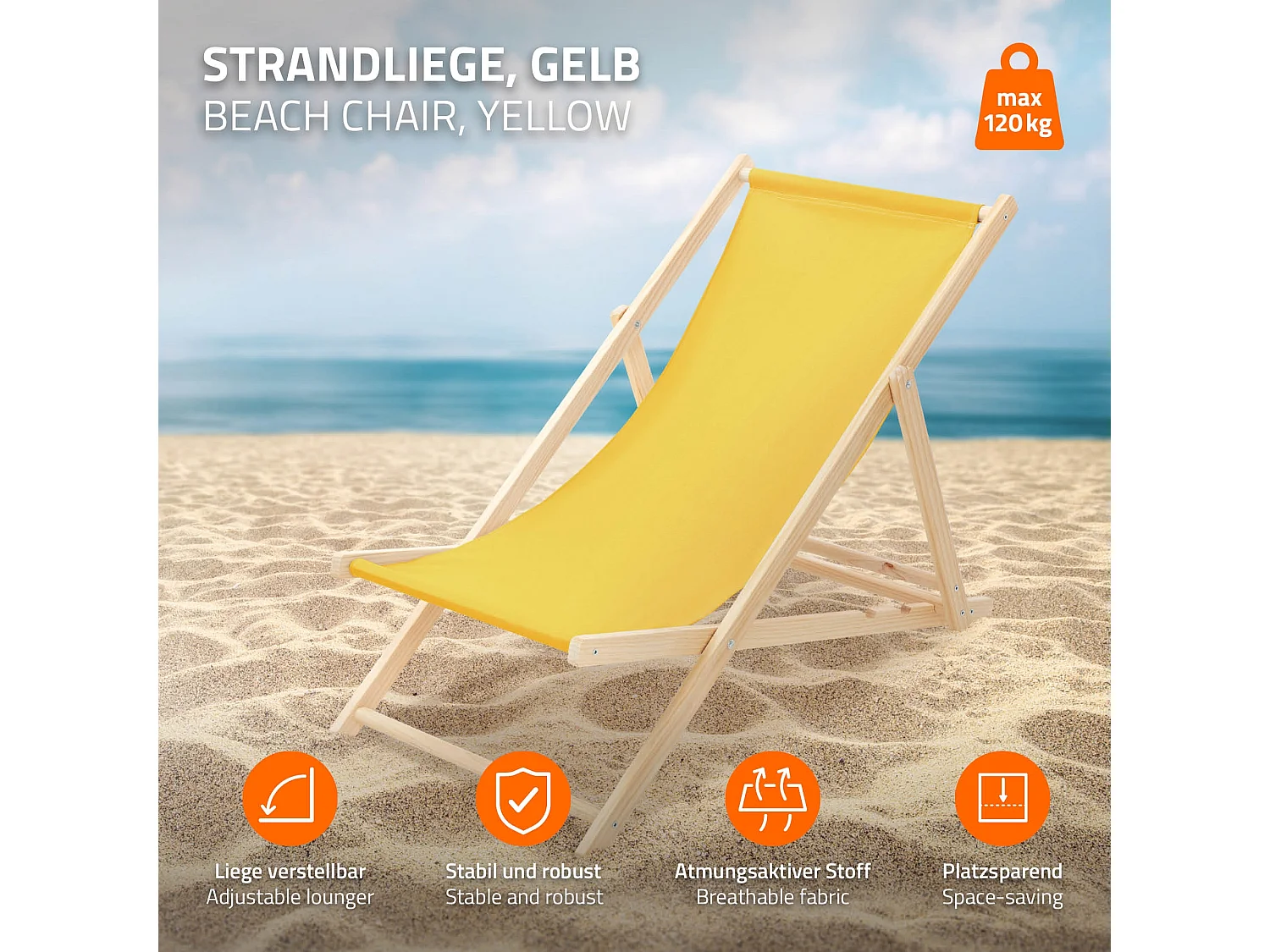 ECD Germany Sedia a sdraio pieghevole in legno e tessuto giallo, regolabile 3 posizioni, lettino prendisole fino a 120 kg, esterni/interni