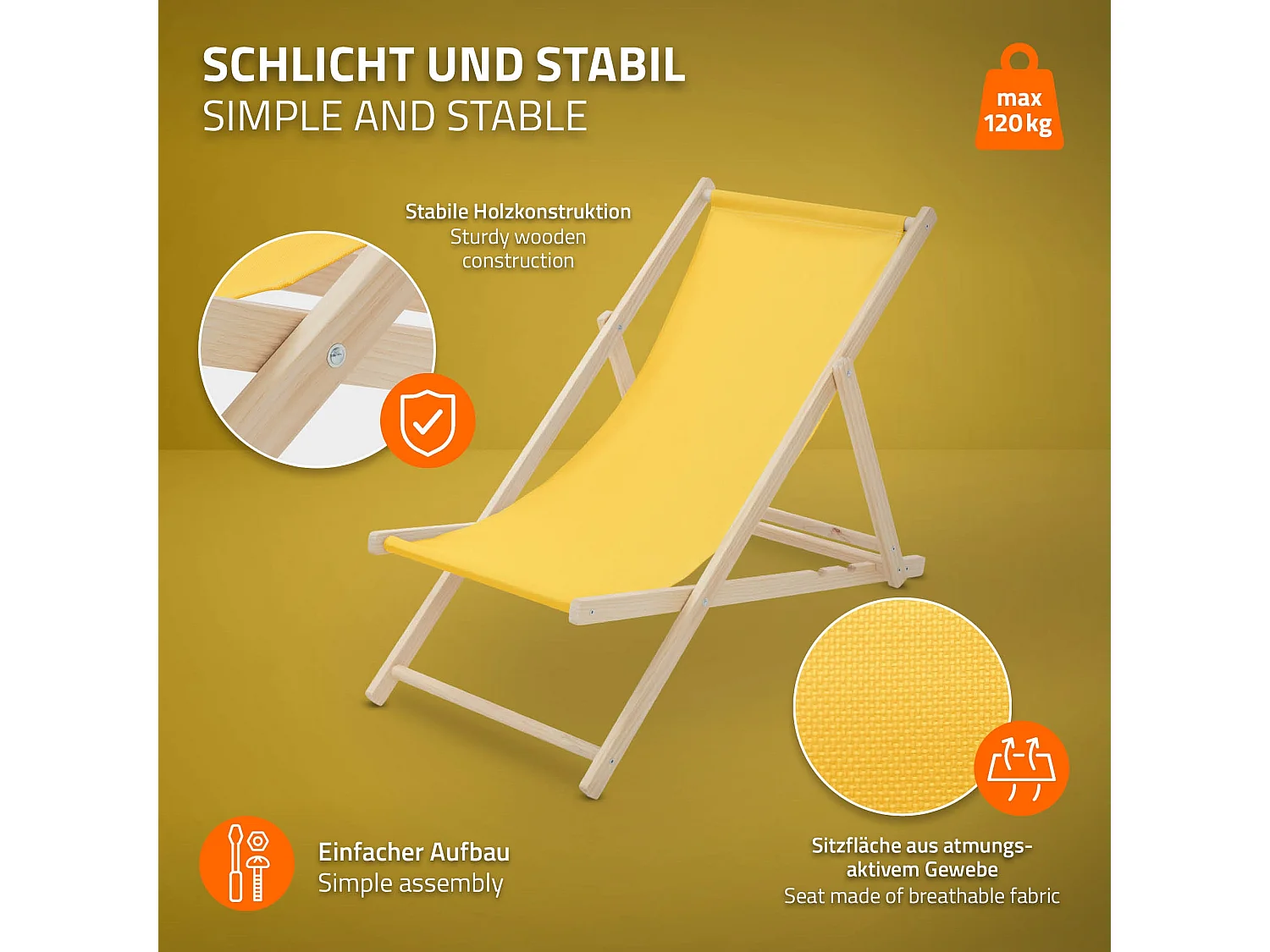 ECD Germany Sedia a sdraio pieghevole in legno e tessuto giallo, regolabile 3 posizioni, lettino prendisole fino a 120 kg, esterni/interni