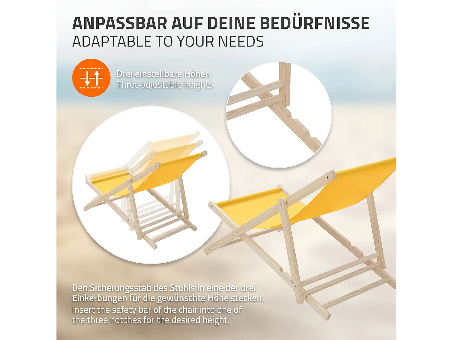 ECD Germany Sedia a sdraio pieghevole in legno e tessuto giallo, regolabile 3 posizioni, lettino prendisole fino a 120 kg, esterni/interni