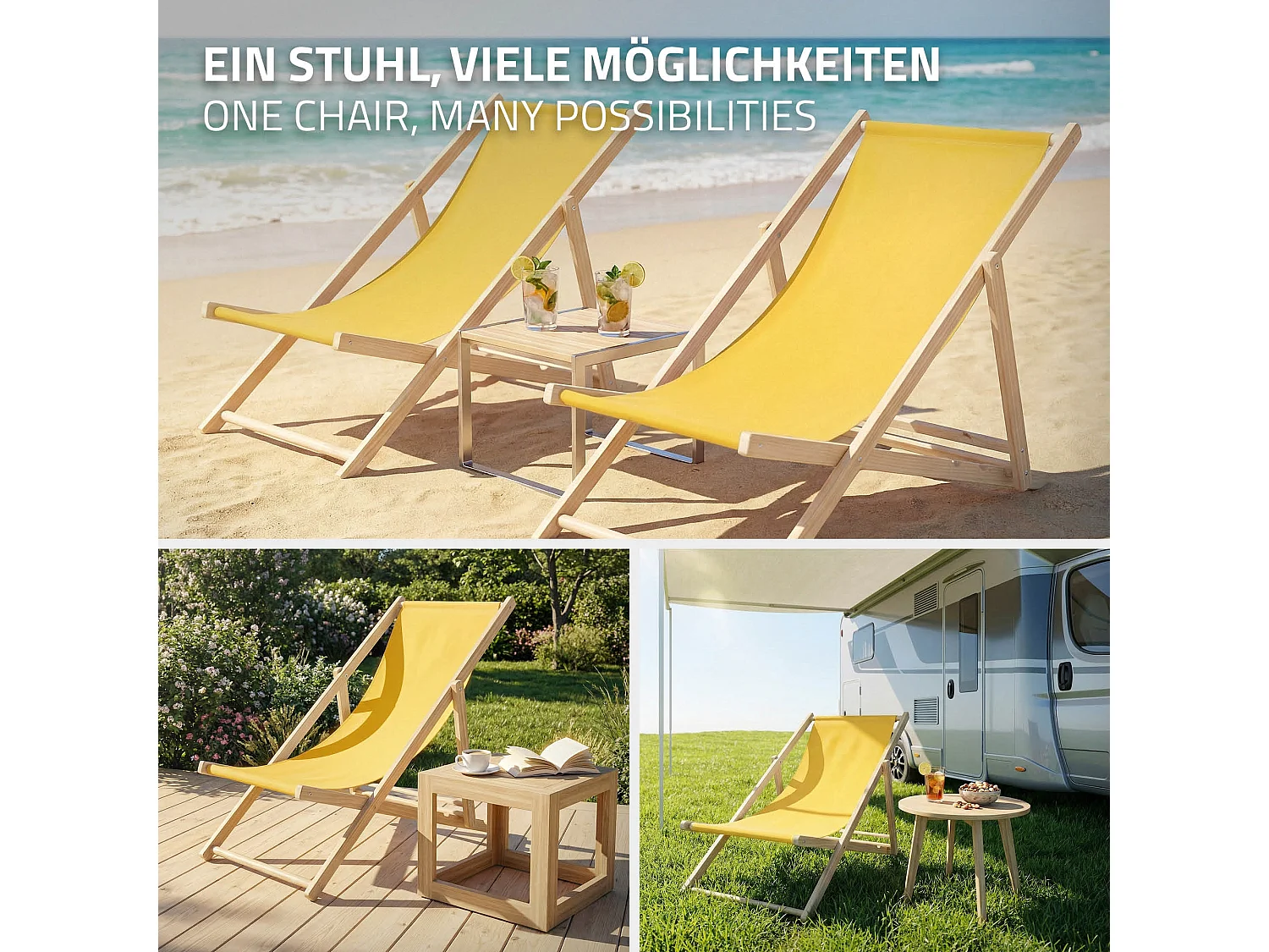 ECD Germany Sedia a sdraio pieghevole in legno e tessuto giallo, regolabile 3 posizioni, lettino prendisole fino a 120 kg, esterni/interni