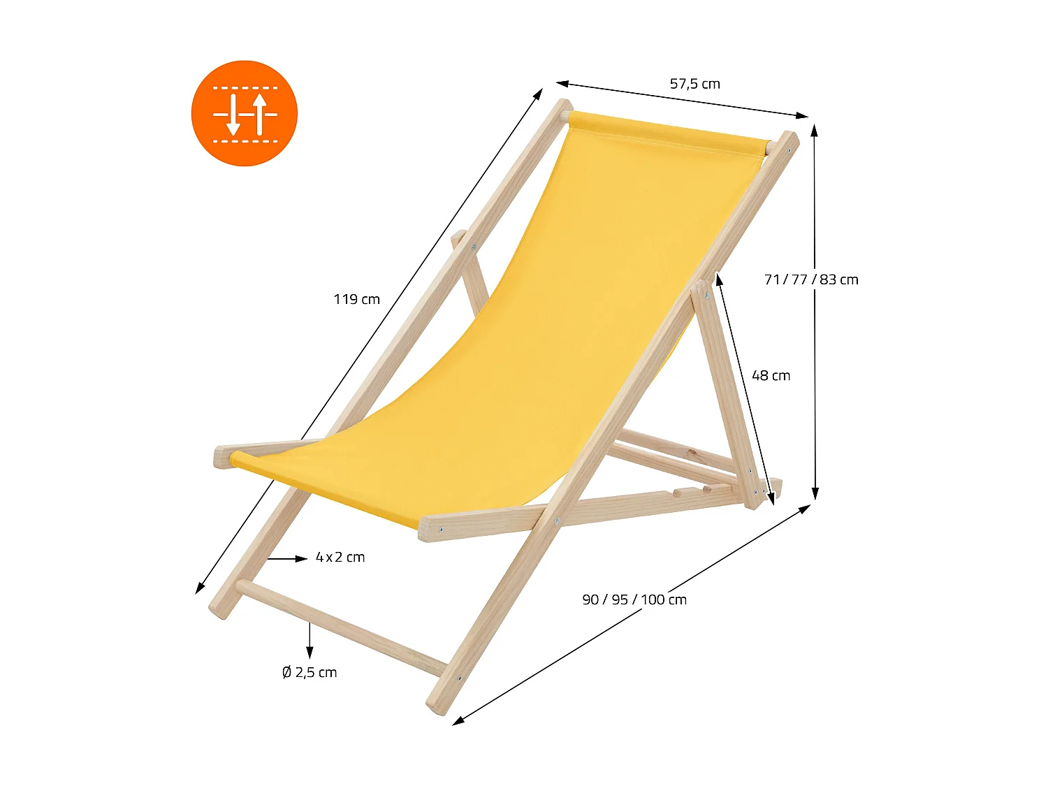 ECD Germany Sedia a sdraio pieghevole in legno e tessuto giallo, regolabile 3 posizioni, lettino prendisole fino a 120 kg, esterni/interni