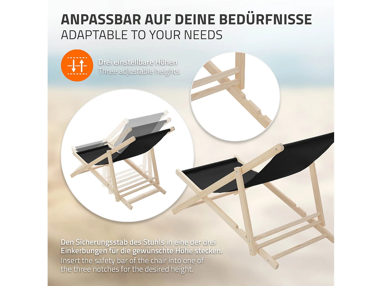 Chaise longue de jardin pliable noir en bois chilienne 3 positions de couchage  jusqu'à 120 kg usage intérieur et extérieur balcon terrasse patio