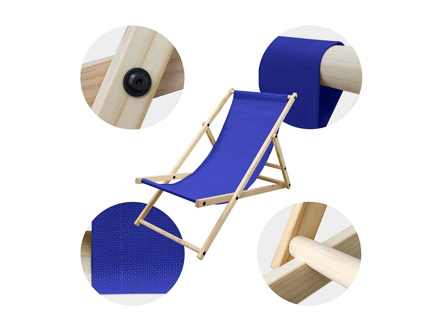 ECD Germany Sedia a sdraio pieghevole in legno e tessuto blu scuro, regolabile 3 posizioni, lettino prendisole fino a 120 kg, esterni/interni