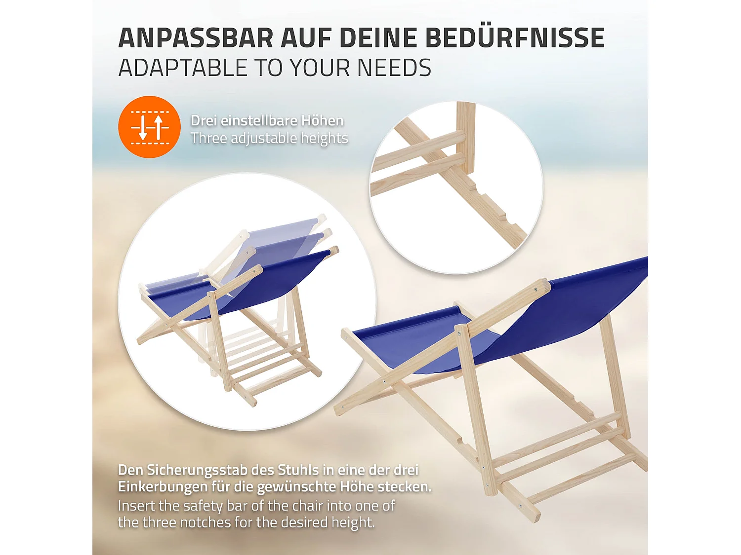 ECD Germany Sedia a sdraio pieghevole in legno e tessuto blu scuro, regolabile 3 posizioni, lettino prendisole fino a 120 kg, esterni/interni
