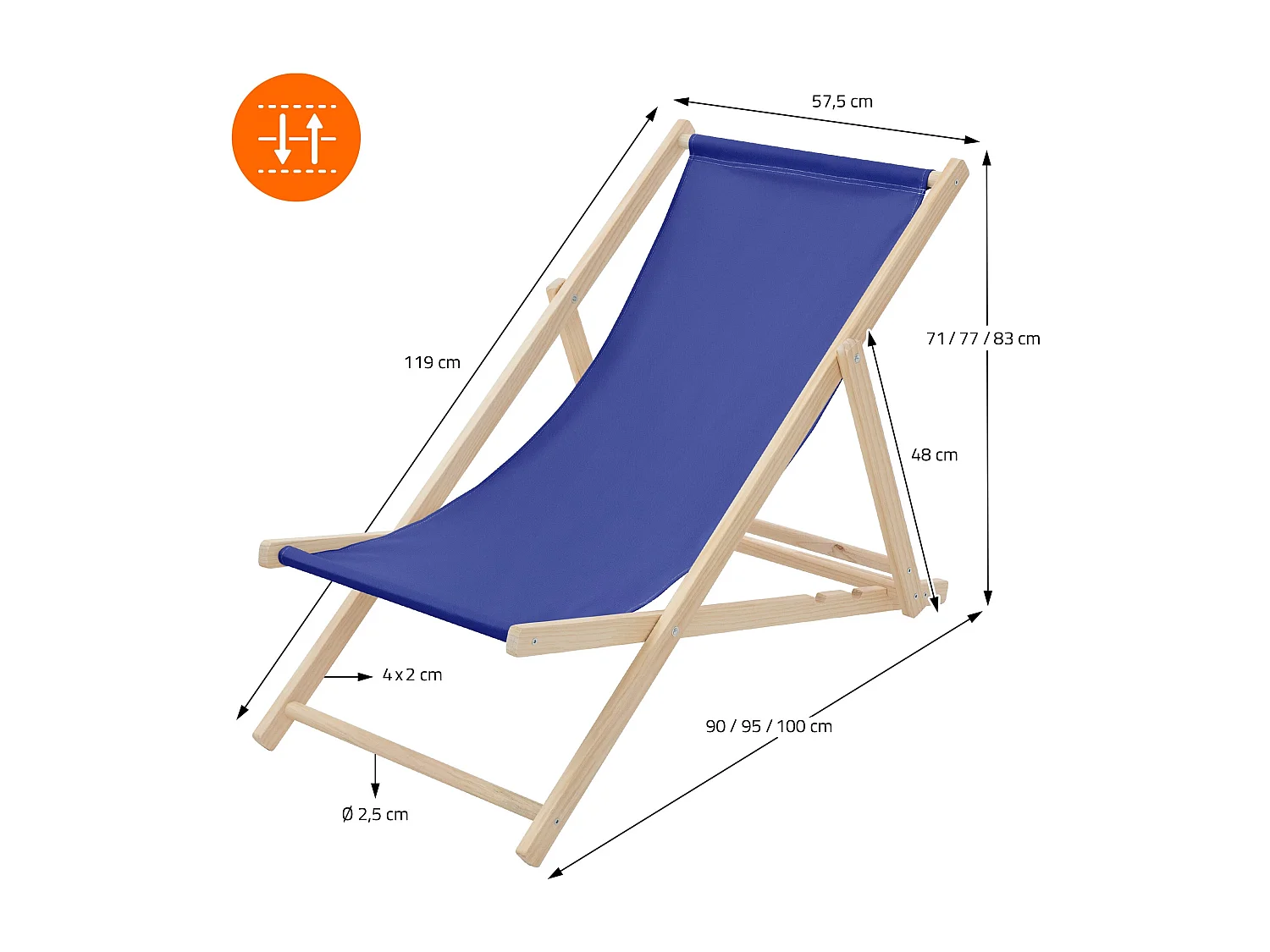 ECD Germany Sedia a sdraio pieghevole in legno e tessuto blu scuro, regolabile 3 posizioni, lettino prendisole fino a 120 kg, esterni/interni