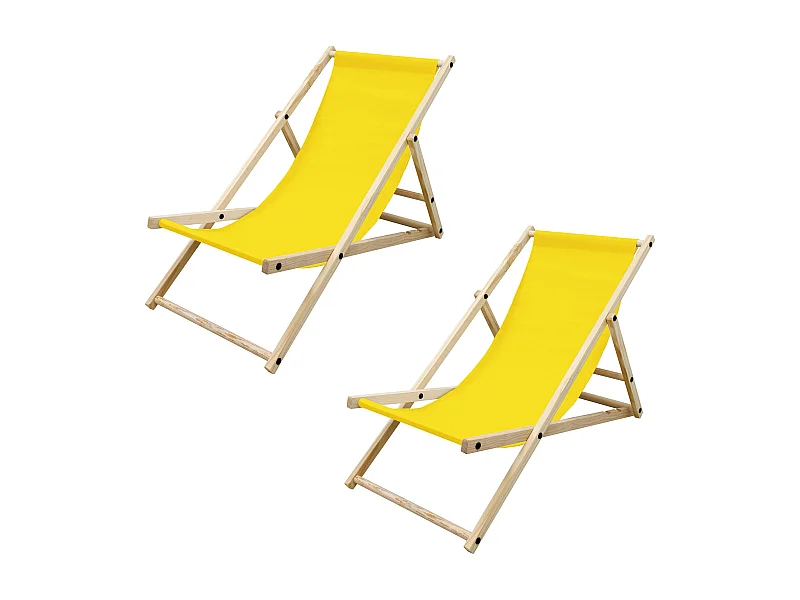 Set 2x Chaise longue de jardin pliable jaune en bois chiliennes 3 positions de couchage  jusqu'à 120 kg usage intérieur et extérieur balcon terrasse