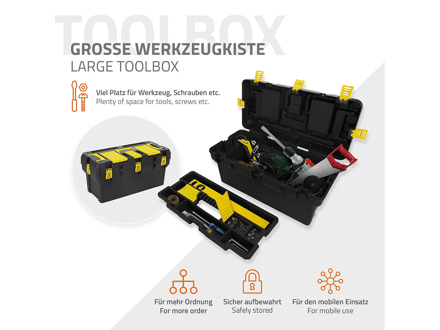 Caisse à outils vide en plastique compartiment intermédiaire mobile 65x31x32 cm