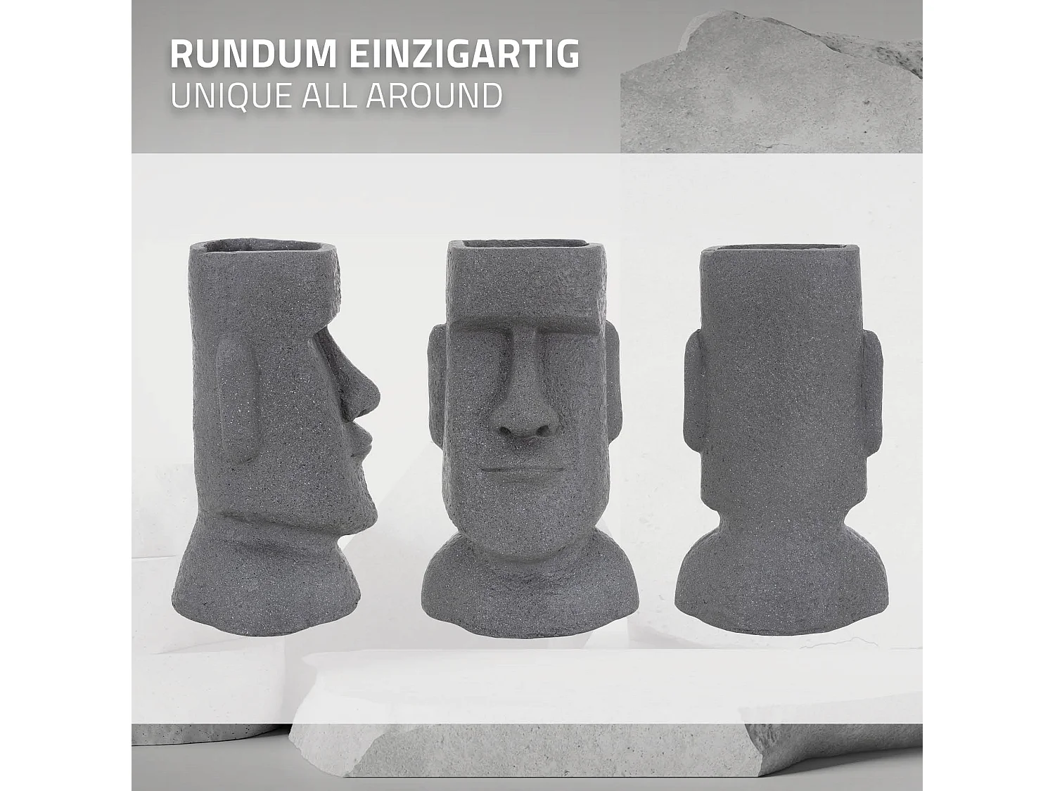 Pot De Fleurs Moai Kopf En Magnésie - 26 X 42 X 23 Cm, Gris, Design Île De Pâques